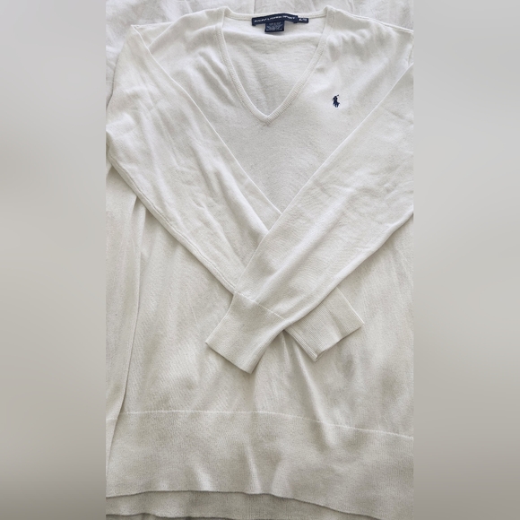 Ralph Lauren Sport White V-Neck Cotton Sweater Navy Blue Pony XL - Picture 7 of 7